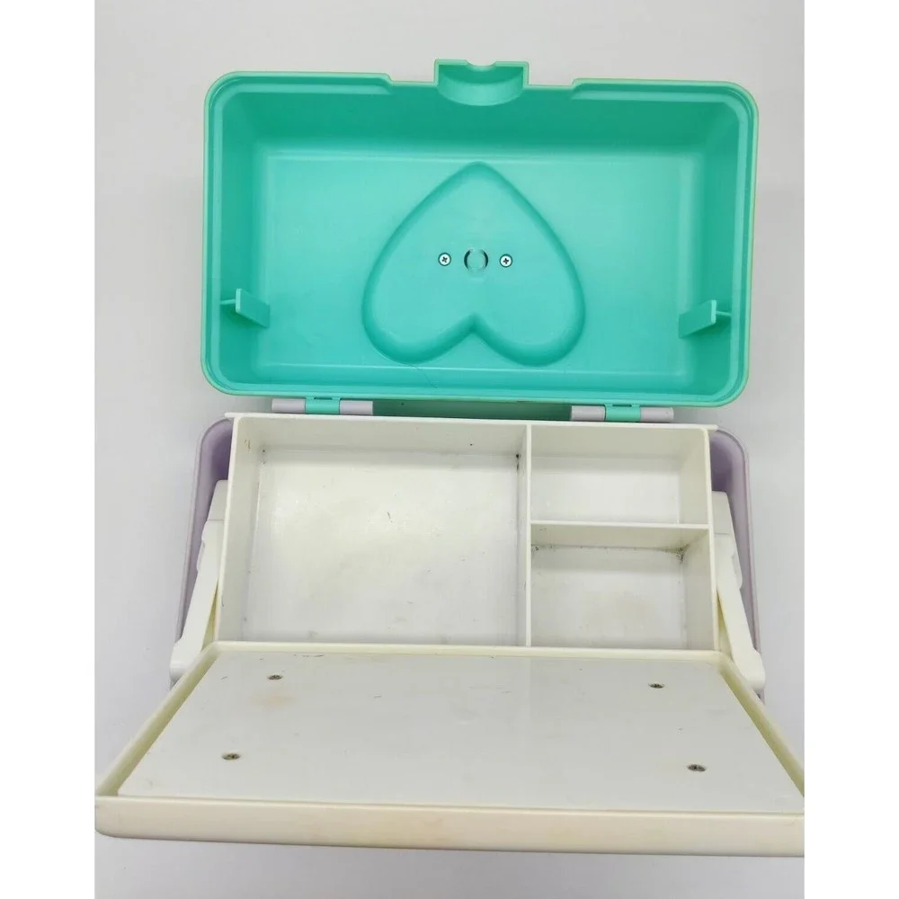 Vintage Naturally Pretty Cosmetics Case Travel Storage Jewelry Teal White Heart